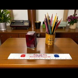 VTG Boston Jr. Red Lucite Pencil sharpener w/ Pencil Holder and pencils!